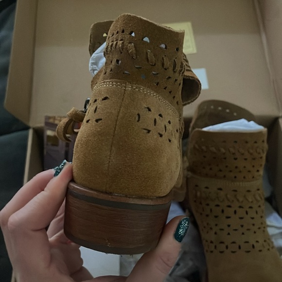 Women's Brown Brinkley Laser Cut Leather Bootie In Saddle Suede - Picture 10 of 13